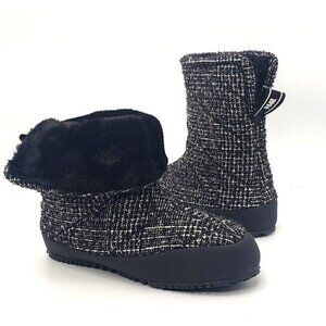 P448 Wool Tweed Faux Fur Lined Quilted Bootie Slipper US 7 EU 37